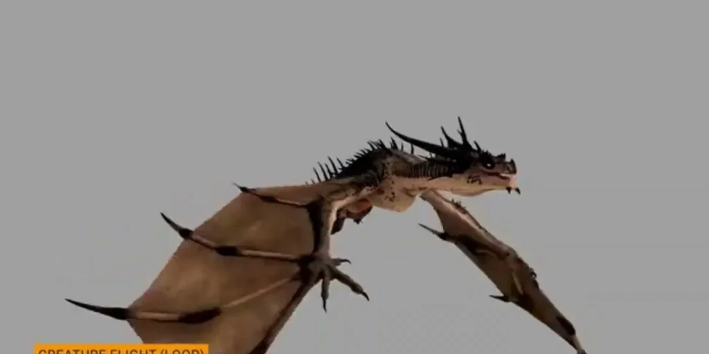 Stylized dragon mid-flight from an in-game animation loop