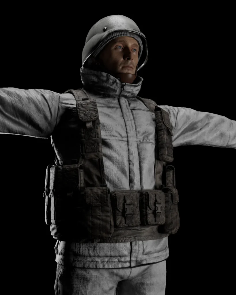 Close-up of a game-ready 3D military character tactical vest