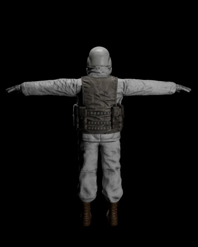 Back view of 3D military character with gear layout