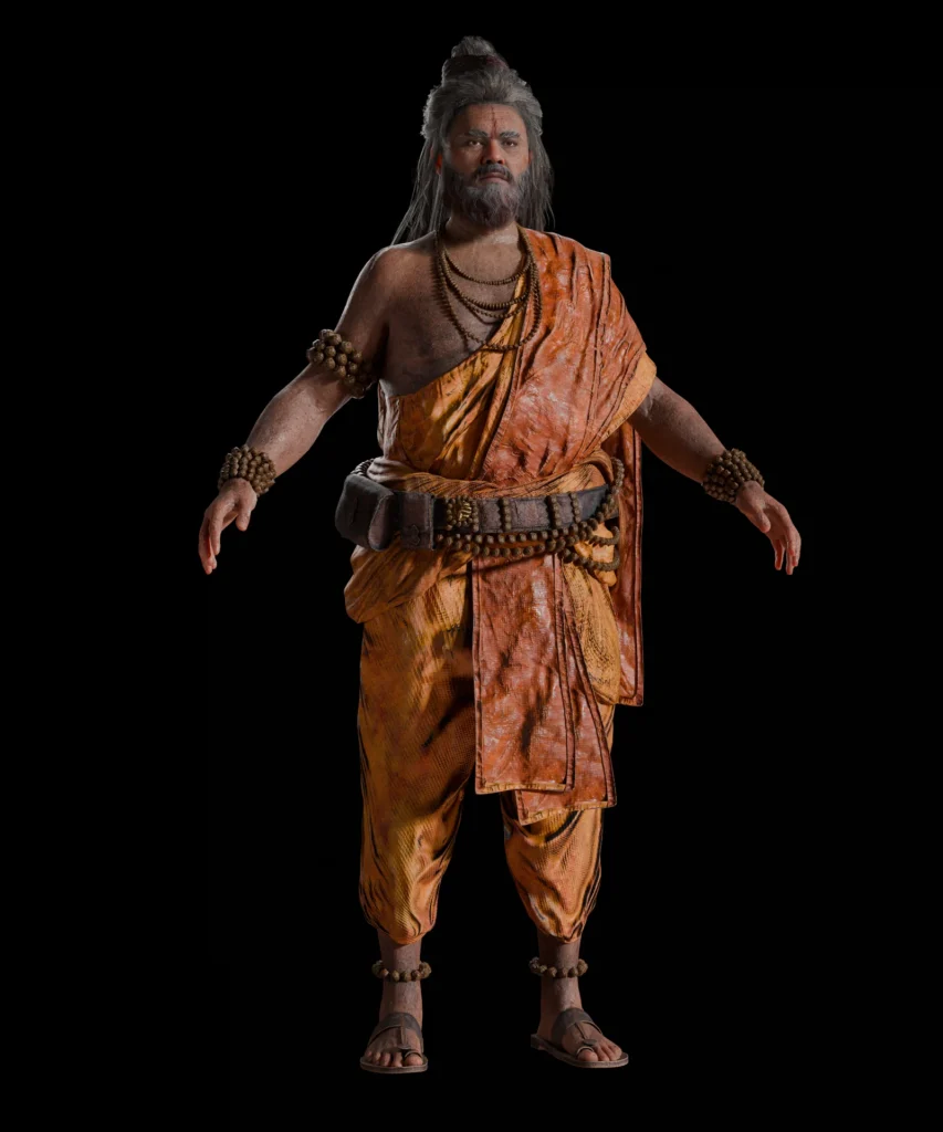 Back view of 3D sage character showing layered robes and props