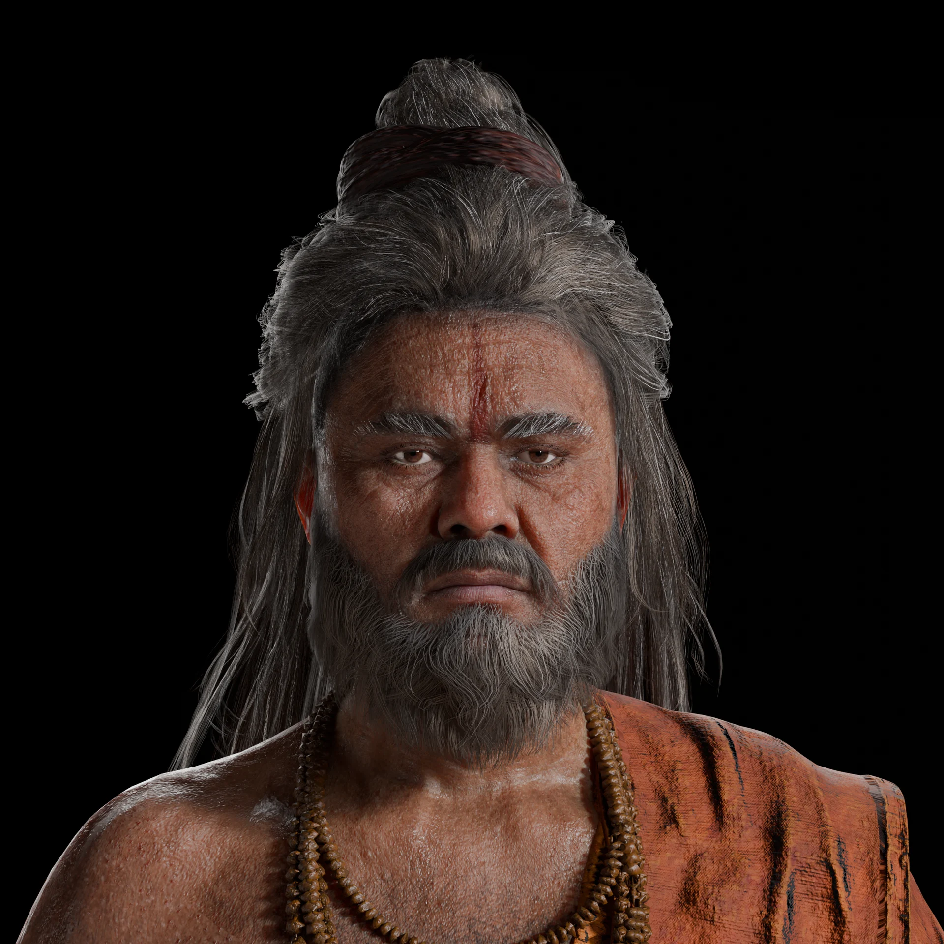 Realistic 3D sage character bust with detailed beard and ritual markings