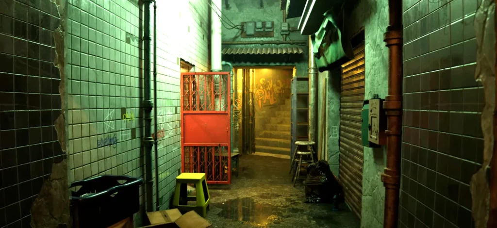 Real-time 3D night alley environment with wet surfaces and neon lights